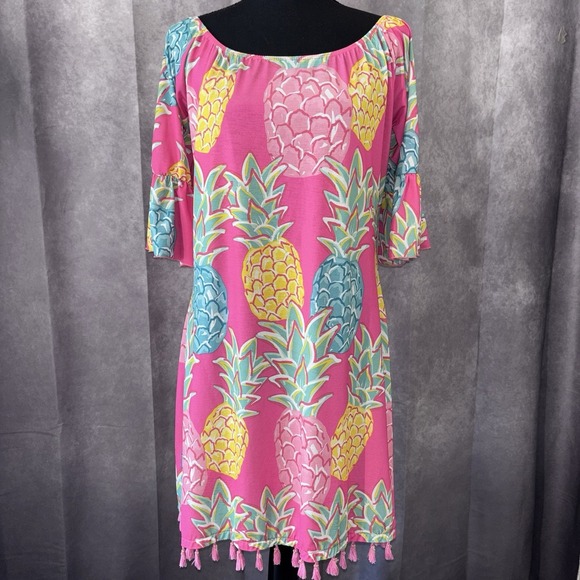 Simply Southern Dresses & Skirts - Simply Southern Pink Pineapple Tropical Tassel Hem‎ Dress Bell Sleeve Small